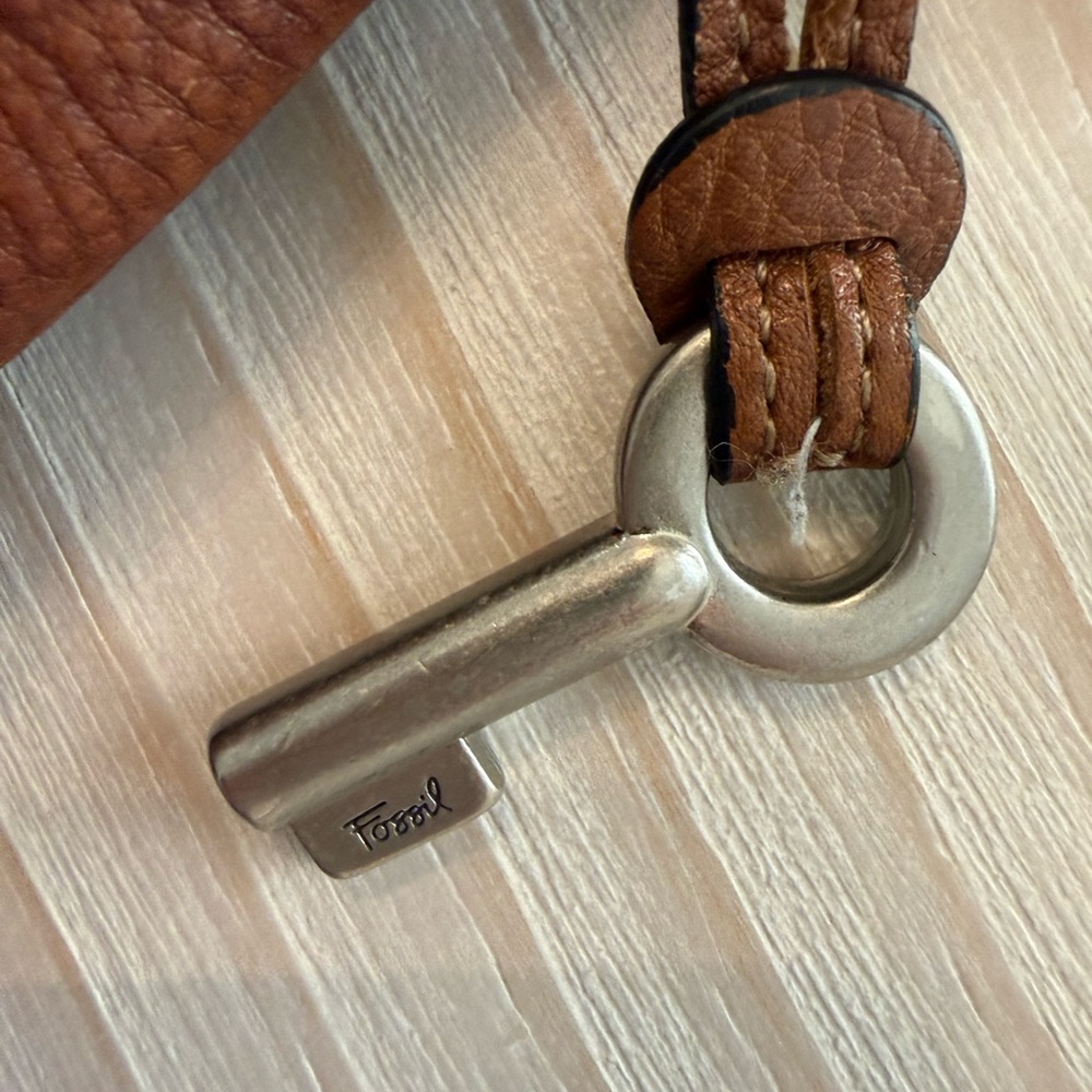 Fossil Brown Leather Bag with Silver Key Accent - Picture 3 of 8
